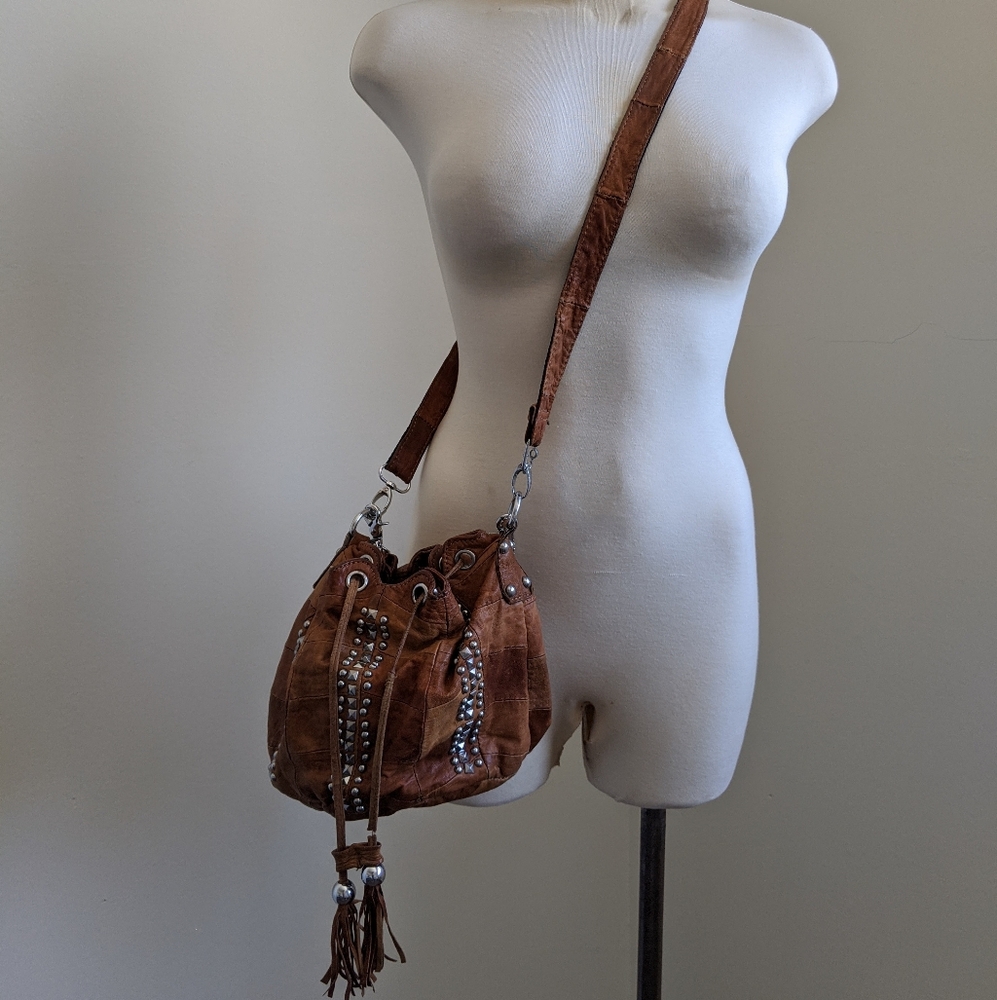 Brown Leather Studded Shoulder Bag